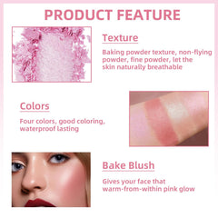 NALACAL Pink Baked Blush Palette for Cheeks Makeup, 4 Colors Shimmer Facial Blush for Natural Glowing Finish Lasting Lightweight Matte Natural Cream Powder Easy To Blend Contour Highlighter Blusher