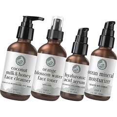 Foxbrim Naturals Radiant Skincare Essentials Milk & Honey Cleanser, Orange Blossom Toner, Hyaluronic Acid Face Serum & Ocean Mineral Moisturizer