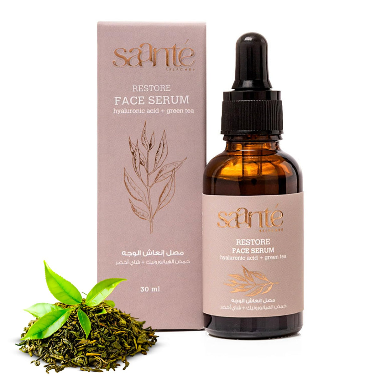 Saante Restore Face Serum, Hydrates, Plumps, Detoxifies, Reduces Pigmentation, Anti-Redness, Brightens Skin, Green Tea, Alpha Arbutin, Hyaluronic Acid, Lightweight, Quick Absorbing Formula - 30 ml