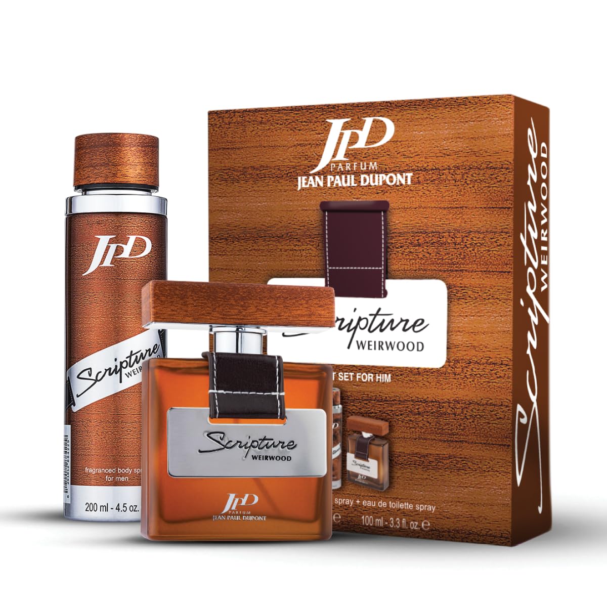 Jean Paul Dupont (JPD) Scripture Weirwood - 2 Pieces Promo Pack for Men - Eau de Toilette 100ml + Body Spray 200ml - Gift for Him - Perfume Gift Set - Oriental, Floral and Woody notes