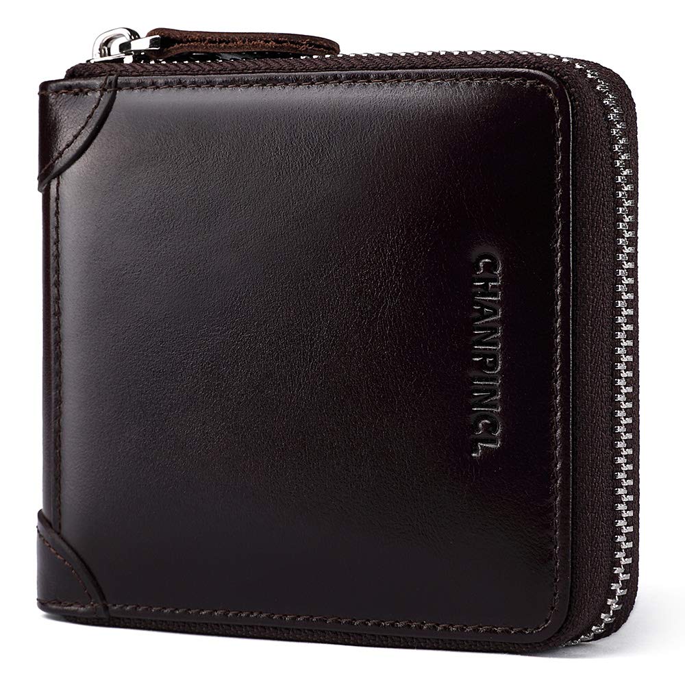 CHANPINCL Mens Genuine Leather Zipper Wallet RFID Secure Large Capacity Double Fold Multi-card Leather Wallets for Men and coin purse(Oil wax brown)