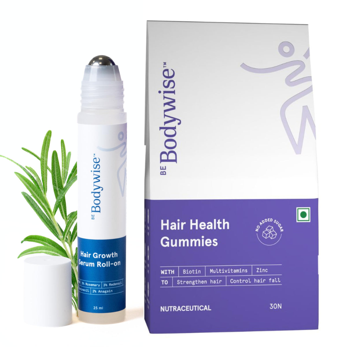 Be Bodywise 3% Rosemary 2% Anagain Hair Growth Serum Roll On (25 ml) & Biotin Gummies (30 N) with Zinc, Fiber & Multivitamins I For Hair Fall & Thinning | Stronger, Shinier Hair I30 Day Pack