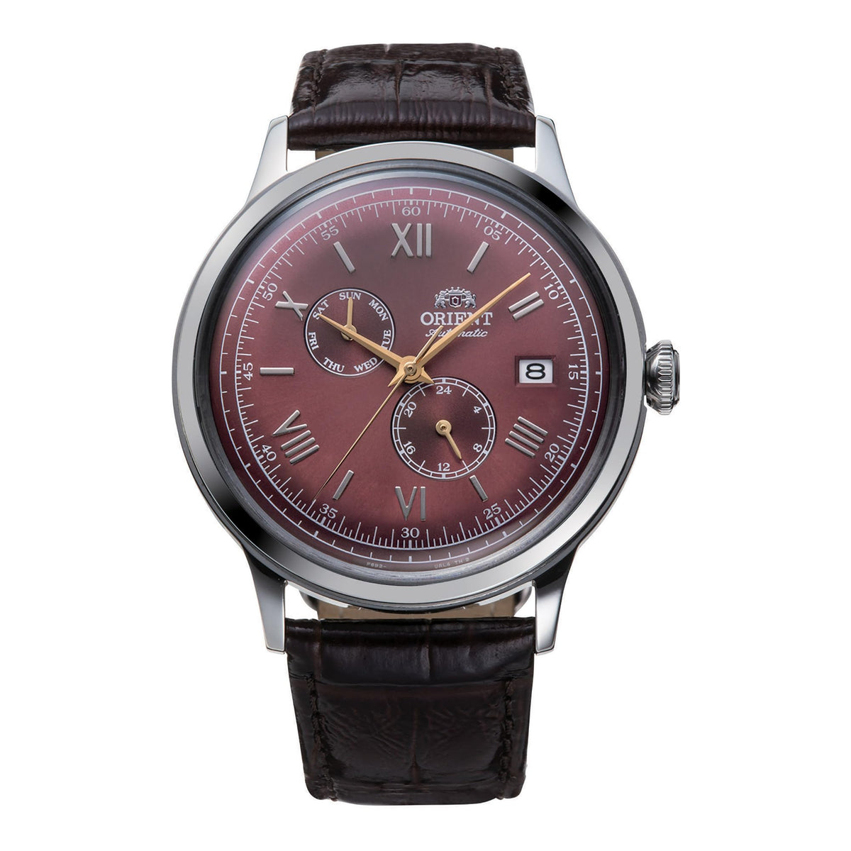 Orient Bambino Version 8 Weekly Calendar Automatic Dress Watch Model: RA-AK0705R30B, Bordeaux