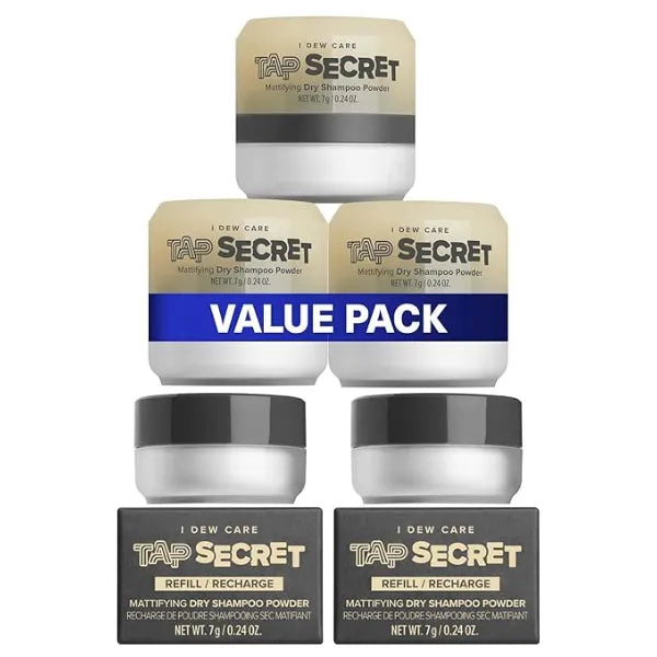 I DEW CARE Dry Shampoo Tap Secret Trio, 3 Count, 0.81 Oz + Dry Shampoo Powder Refill Tap Secret Refill, 2 Count Bundle