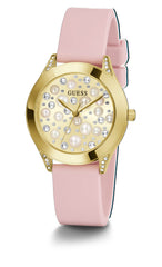 GUESS Ladies Trend Crystal 36mm Watch – Gold-Tone Stainless Steel Case Champagne Dial & Pink Silicone Strap