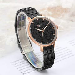 CURREN 9046 Quartz Women Wristwatch Carved Flower Embroidered Style Watch for Ladies Womens Watches with Leatherette PU Strap Stainless Steel Band Waterproof Wearable Accessories - Black