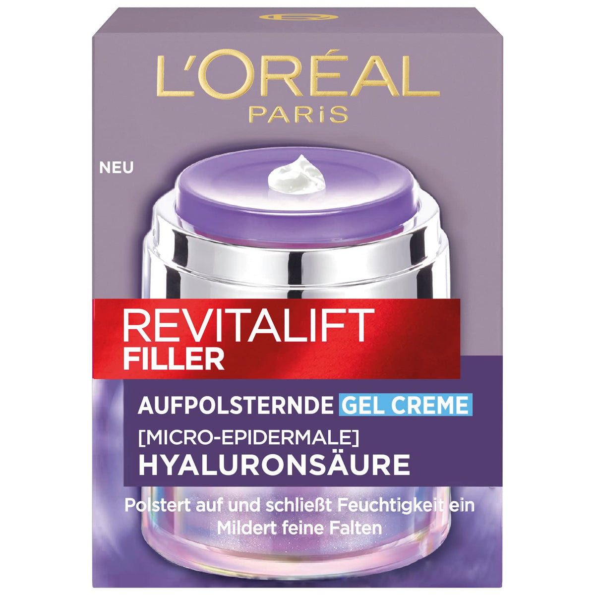 L’Oréal Paris Revitalift Filler Gel Cream, Anti-Ageing Moisturiser, Anti-Wrinkle Face Cream with Pure Hyaluronic Acid, for All Skin Types, 50 ml