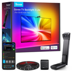 Govee 3-Lite TV Backlight with Fisheye Correction Function, Syncs with 55-65 inch TVs, RGBICW LED Backlight, 3.6m Wi-Fi with Camera, 4 Colors in 1 LED Beads, Sound and App Control, Adapter