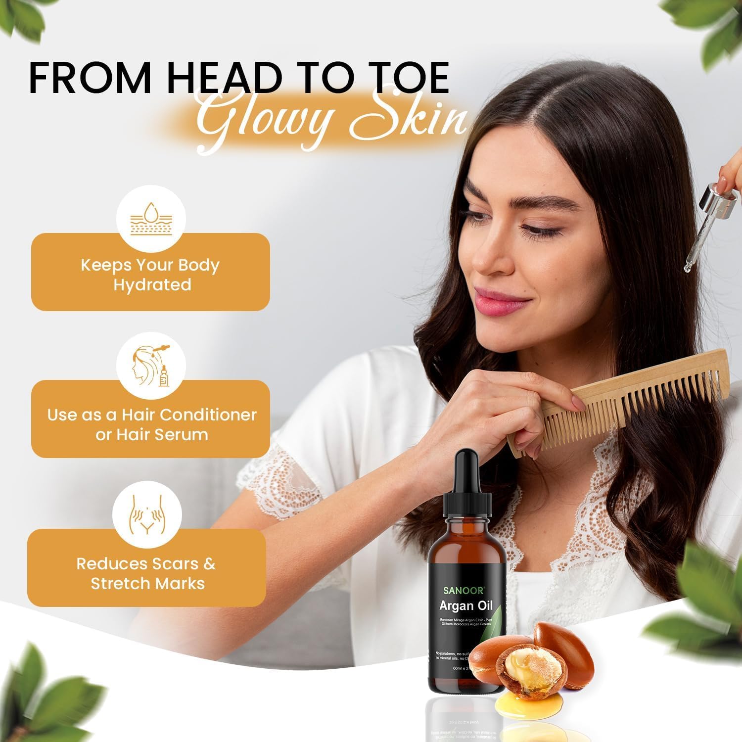 SANOOR Moroccan Mirage Argan Oil Elixir | 100% Pure & Cold-Pressed (2.02oz/60ml) | Nutrient-Rich Hair Butter for Softness & Shine | Hydrating & Restorative | FDA Approved