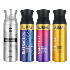 Ajmal 1 Silver Shade for Men, 1 Distraction, 1 Magnetize and 1 Persuade for Men & Women Deodorants each 200ML Combo pack of 4 (Total 800ML) + 4 Parfum Testers