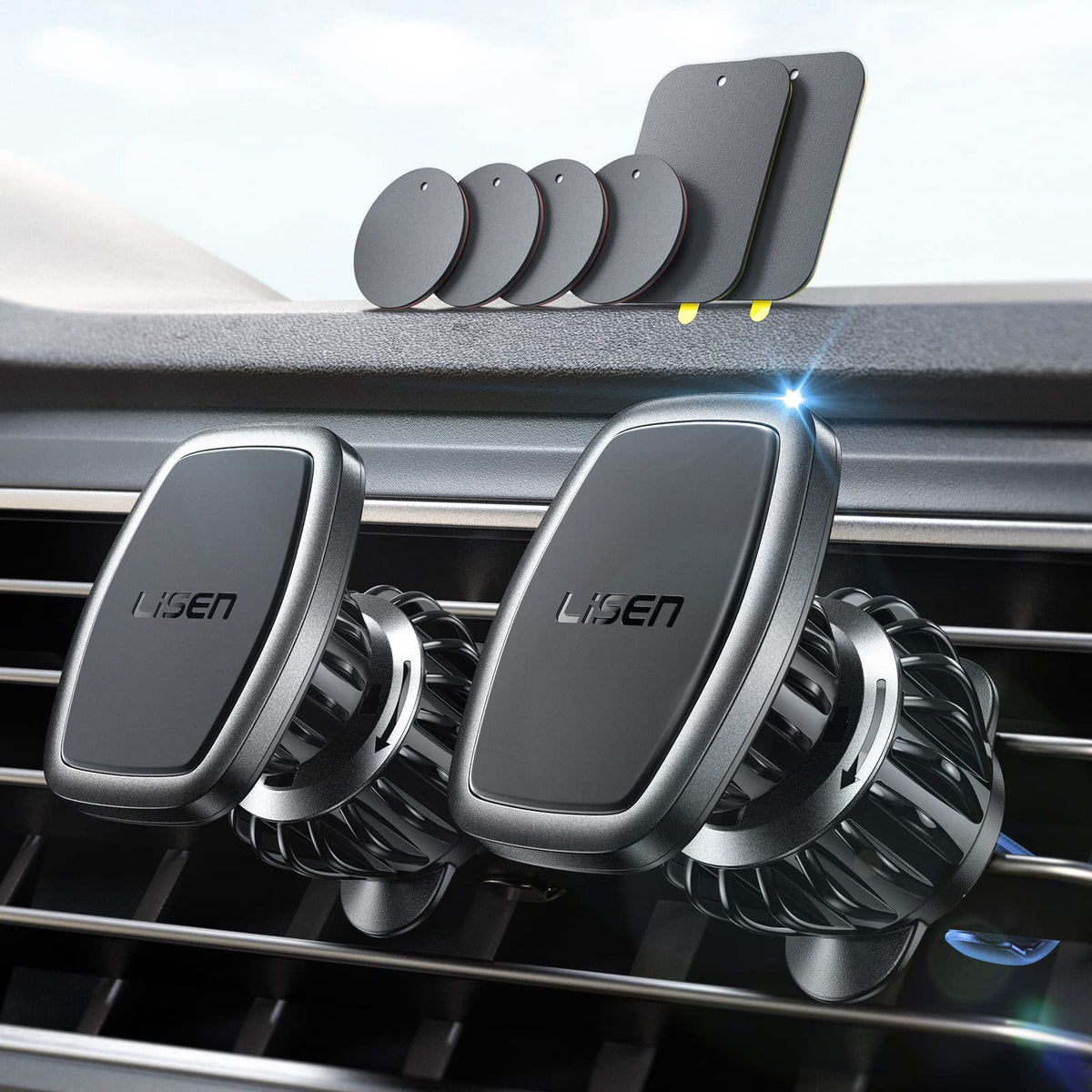 LISEN 2 Pack Magnetic Car Phone Holder Car Mount 6 Military Car Phone Holder Magnetic Hands-Free Vent Mobile Holder for car 6 Metal Plates Fit All iPhone 14/13 Pro Max, Samsung Android