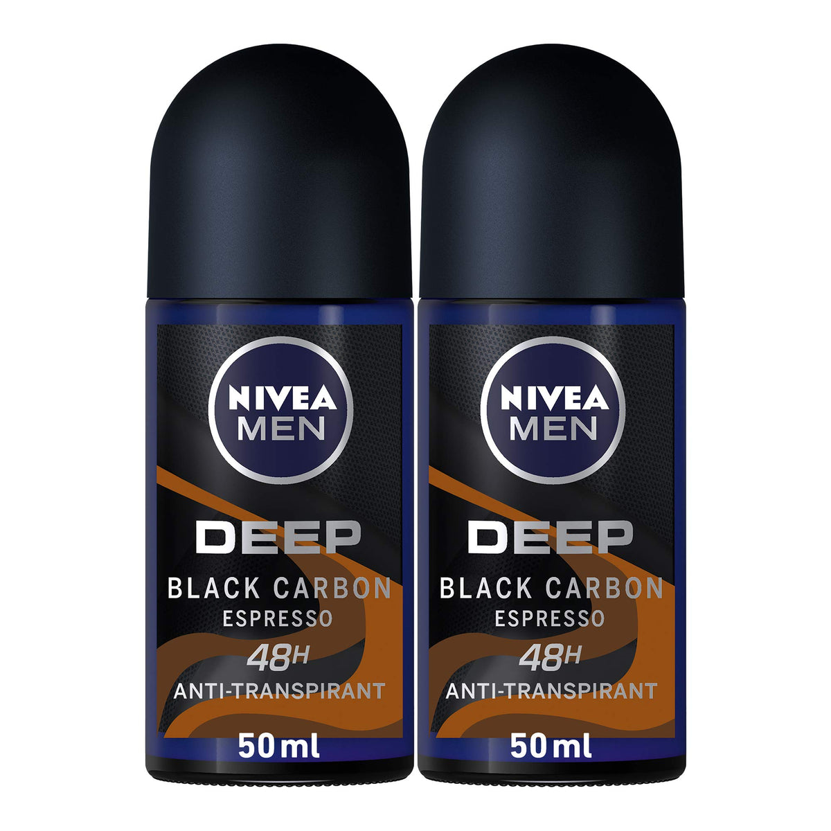 NIVEA MEN Antiperspirant Roll-on for Men, DEEP Black Carbon Antibacterial, Espresso Scent, 2x50ml