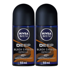 NIVEA MEN Antiperspirant Roll-on for Men, DEEP Black Carbon Antibacterial, Espresso Scent, 2x50ml
