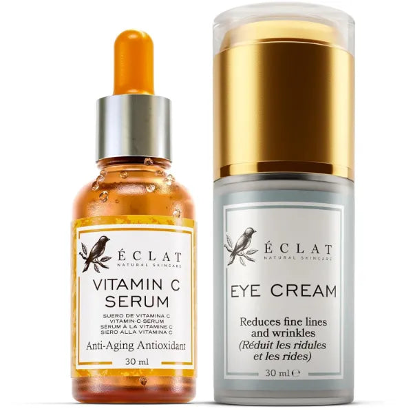 Eclat Skincare Vitamin C Serum + Under Eye Cream Set – Brightening Vit C Serum with Hyaluronic Acid & Vit E + Cream for Dark Circles, Puffiness, Eye Bags & Crow's Feet – Anti Aging Skin Care Duo