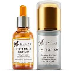 Eclat Skincare Vitamin C Serum + Under Eye Cream Set – Brightening Vit C Serum with Hyaluronic Acid & Vit E + Cream for Dark Circles, Puffiness, Eye Bags & Crow's Feet – Anti Aging Skin Care Duo