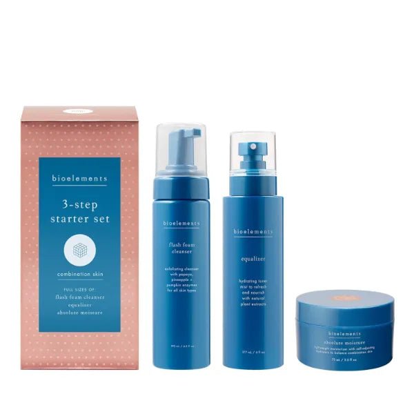 Bioelements 3-Step Starter Set, Combination Skin - Includes Flash Foam Cleanser, Equalizer Toner & Absolute Moisture Moisturizer, Vegan, Gluten Free, Never Tested on Animals