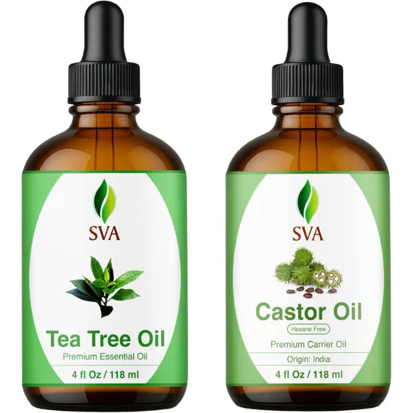 SVA ORGANICS Tea Tree and Castor Oil 4 oz Bundle – Premium Grade Value Set for Hair Oiling, Scalp Massage, Hair Care, Skin Care and Body Massage