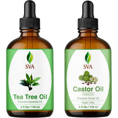 SVA ORGANICS Tea Tree and Castor Oil 4 oz Bundle – Premium Grade Value Set for Hair Oiling, Scalp Massage, Hair Care, Skin Care and Body Massage