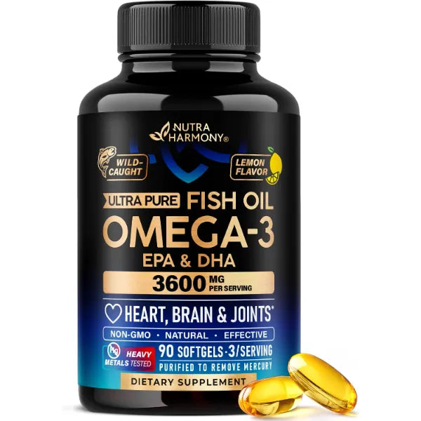 NUTRA HARMONY Omega 3 Fish Oil 3600 mg Omega 3 Supplement for Men & Women 90 Softgels
