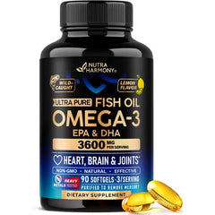 NUTRA HARMONY Omega 3 Fish Oil 3600 mg Omega 3 Supplement for Men & Women 90 Softgels