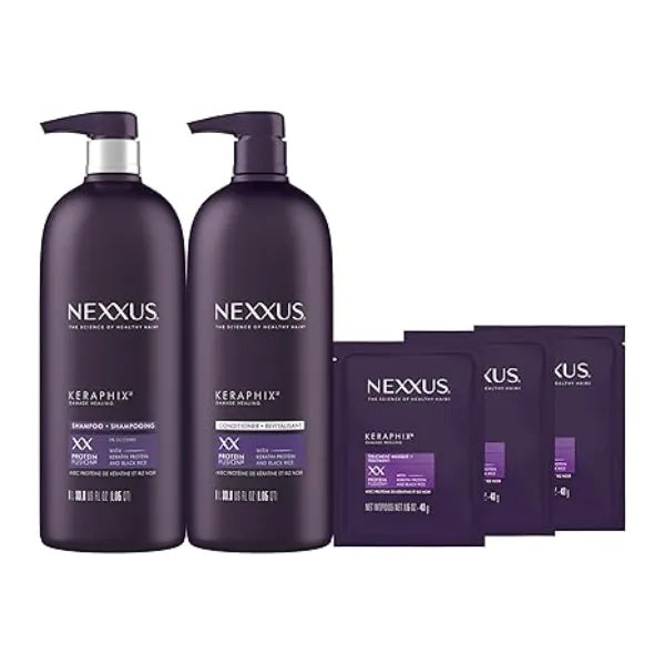Nexxus Keraphix Shampoo and Conditioner Damaged Hair Treatment System with Keratin Protein and Black Rice, 2 Count & 3 Repair Masks Treatment, 33.8 oz, 1.5 oz, 3 Count, 5 Count ( Pack of 1)