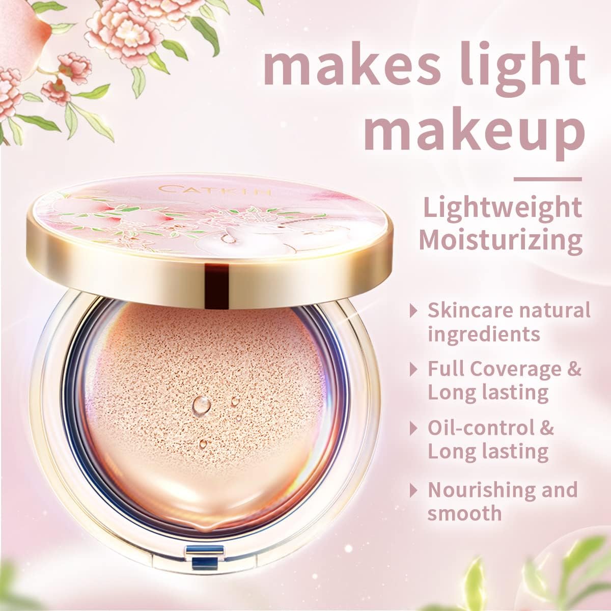 CATKIN PEACH BLOSSOM Skincare BB Cream Air Cushion Foundation, Matte Oil-control Concealer for All Skin Types, Refillable Foundation Makeup 13g*3 (C01)