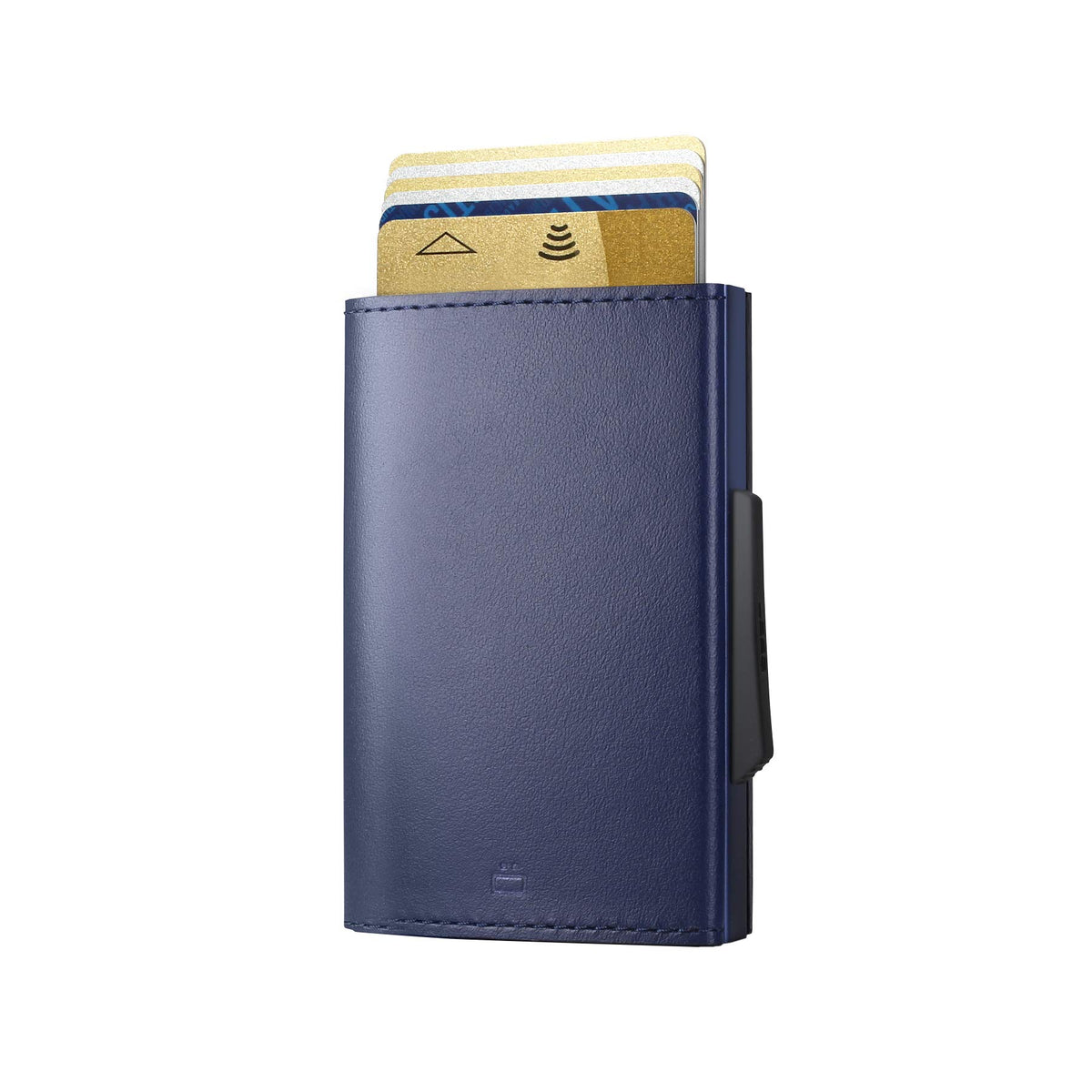 OGON Automatic Leather wallet Cascade Slim - Compact aluminum RFID blocking card holder - Up to 8 cards and banknotes - Navy Blue