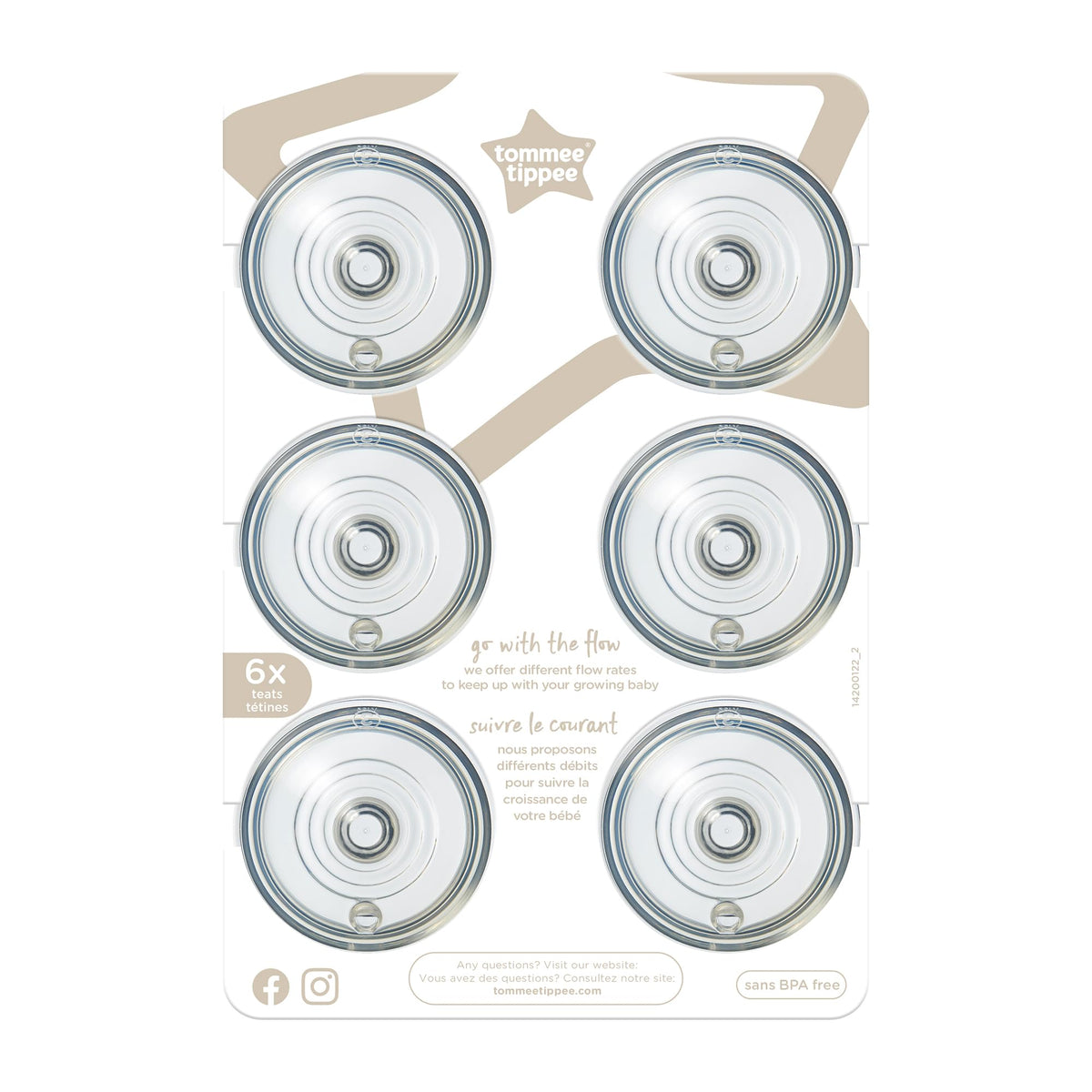 Tommee Tippee Closer to Nature Baby Bottle Nipples, Fast Flow Breast-like, Anti-Colic Valve, Soft Silicone (6m+, 6 Count)