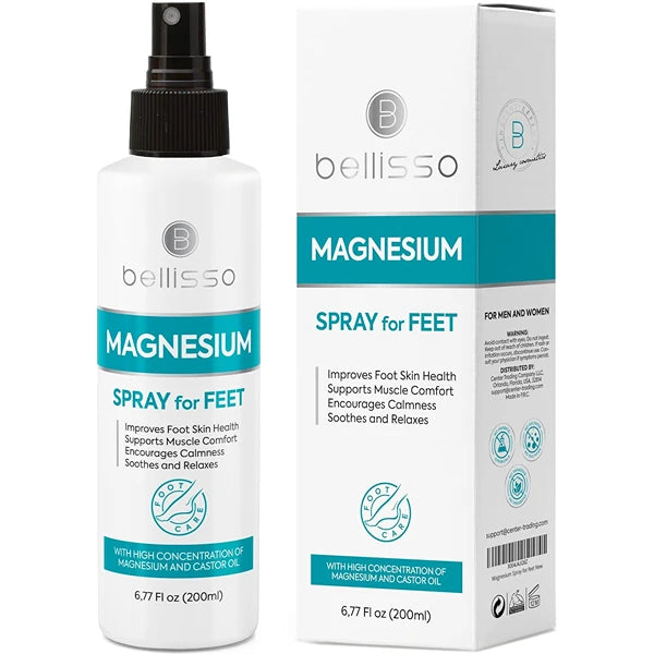 BELLISSO Magnesium Spray for Feet - With Castor Oil- Topical Foot Application for Women, Men, Kids and Adults - Extra Strength with Magnesium Chloride for Leg Spasms, Muscle Cramps and Restless Legs