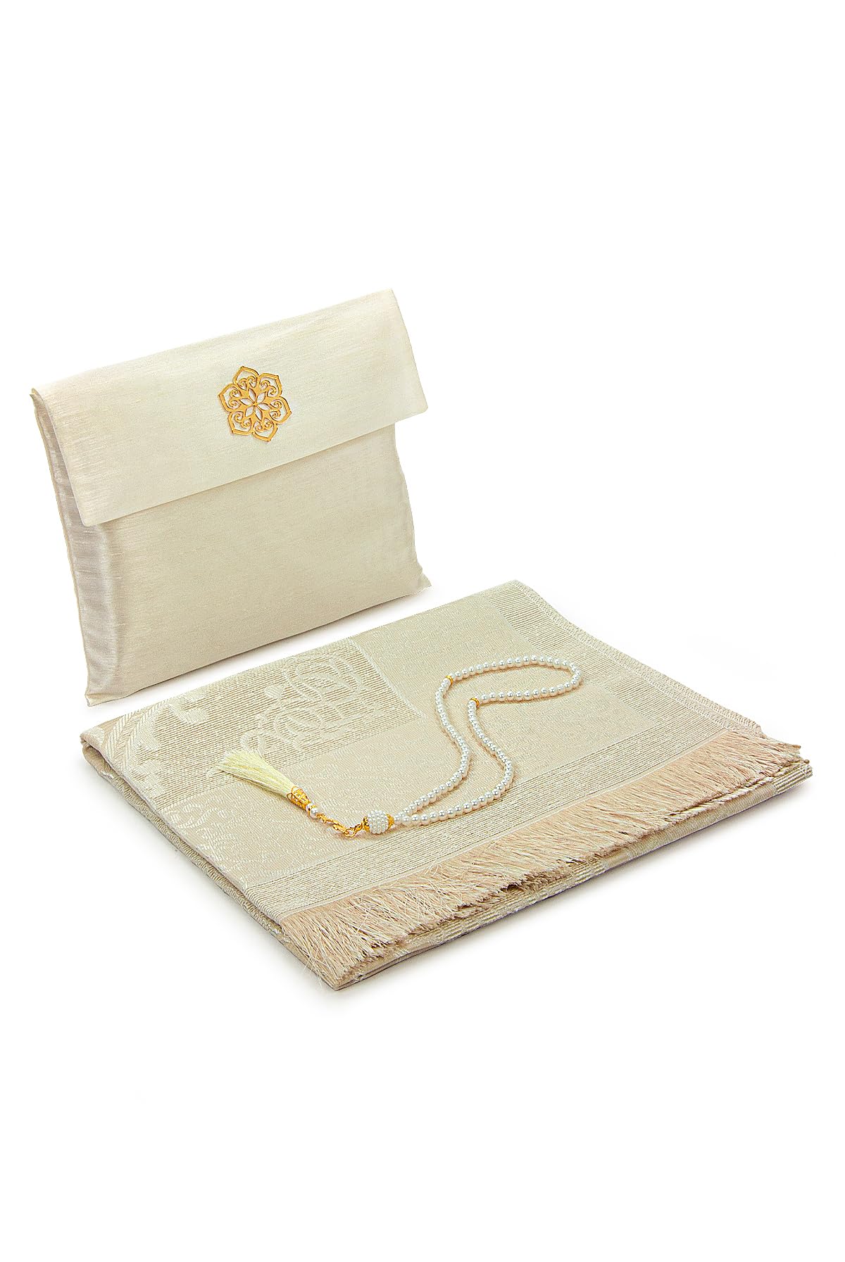 ihvan online Muslim Prayer Rug and Beads with Elegant Slub Fabric Bag | Janamaz | Sajadah | Soft Islamic Prayer Rug | Islamic Gifts | Prayer Carpet Mat, Taffeta Fabric, Ecru