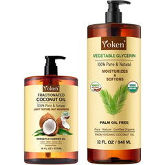 Yoken Fractionated Coconut Oil for Skin 16 Oz and Glycerin Vegetable Glycerine 32 fl oz, Pure Multi-Purpose Moisturizing Oils for Hair, Skin, Body & DIY Care