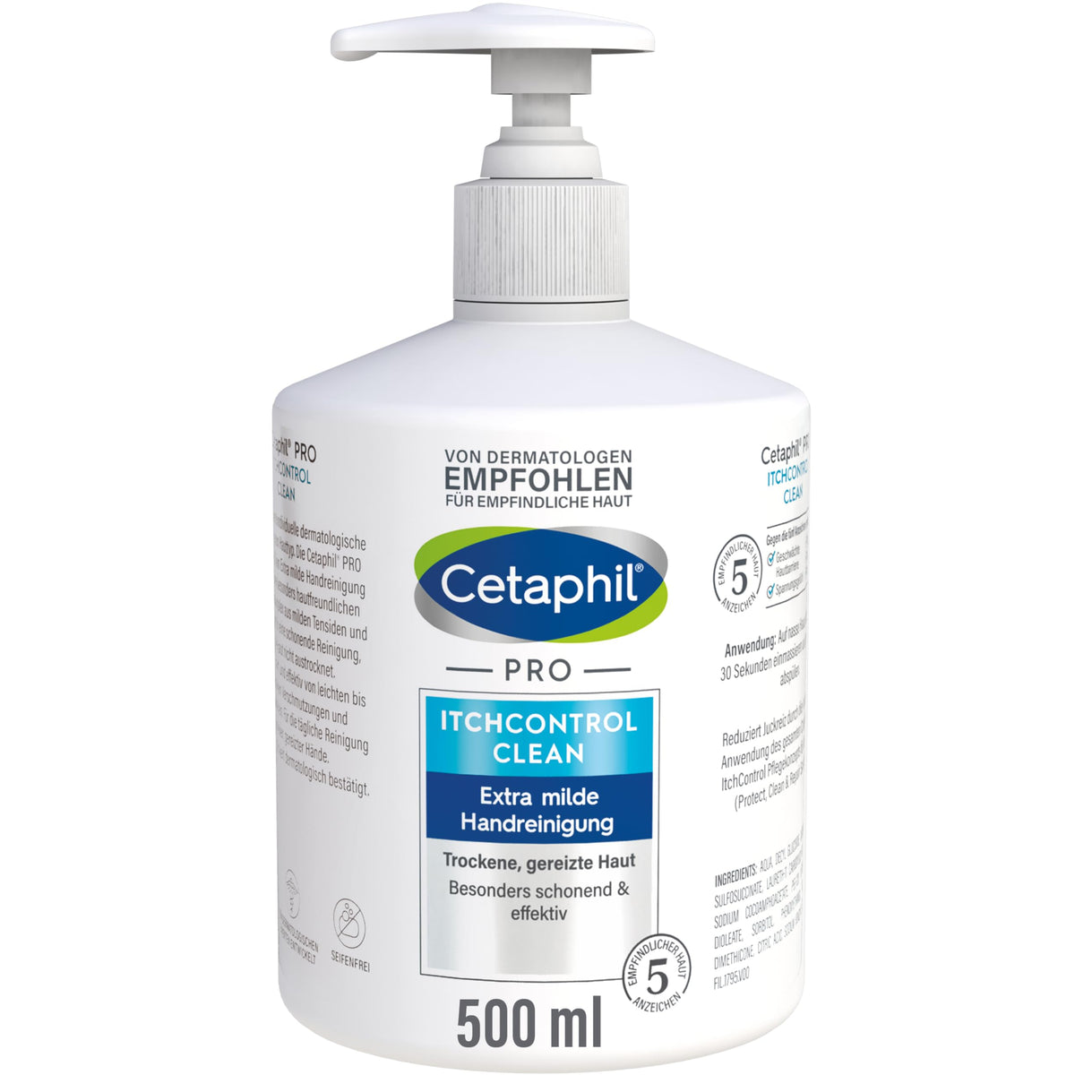 CETAPHIL Pro ItchControl Clean Extra Mild Hand Cleaner, 500 ml, for Dry, Irritated Skin, Removes 99 Percent of Bacteria and Dirt Particularly Gentle and Effective, Vegan, Soap Free