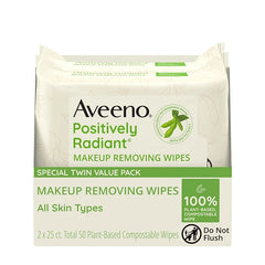 Aveeno Positively Radiant Makeup Remover Wipes, Gentle Individual Face Wipes with Moisture-rich Soy Extract to help leave your skin looking bright, Hypoallergenic Formula, Non-Comedogenic