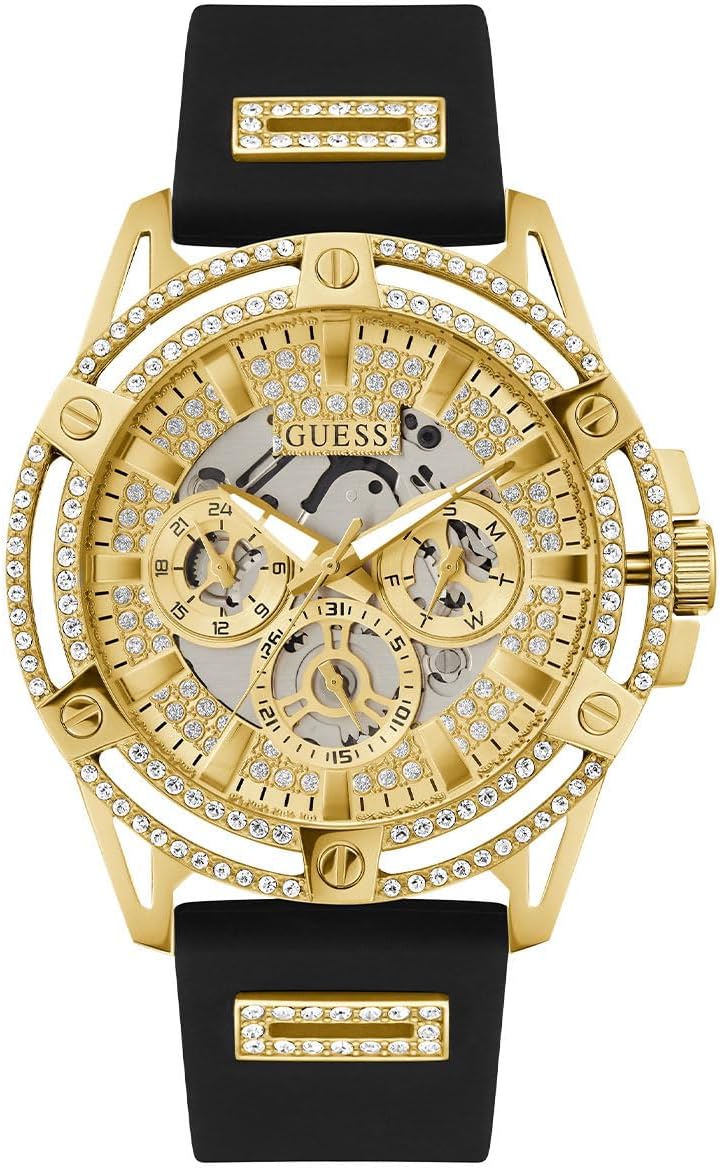 GUESS Mens 48mm Watch - Black Strap Silver Dial Silver Tone Case