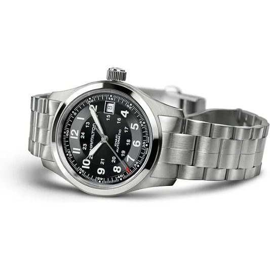 Hamilton Khaki Field Automatic Men's Watch, 38mm Stainless Steel Case, Swiss Made, Black Dial Analog Wrist Watch for Men, 100m Waterproof, Sapphire Crystal, 3-Hand Movement, Stainless Steel Strap
