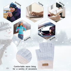 Fingerless Gloves for Women Warm - Winter Thermal Gloves Knitted Soft Half Fingers Mittens for Cold Weather Typing Working Driving - Blue/White