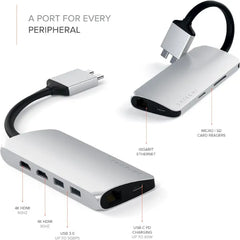 Satechi Type-C Dual Multimedia Adapter with Dual 4K HDMI, USB-C PD, Gigabit Ethernet, Micro/SD Card Readers, USB 3.0 - for M2/ M1 MacBook Pro/Max - Silver
