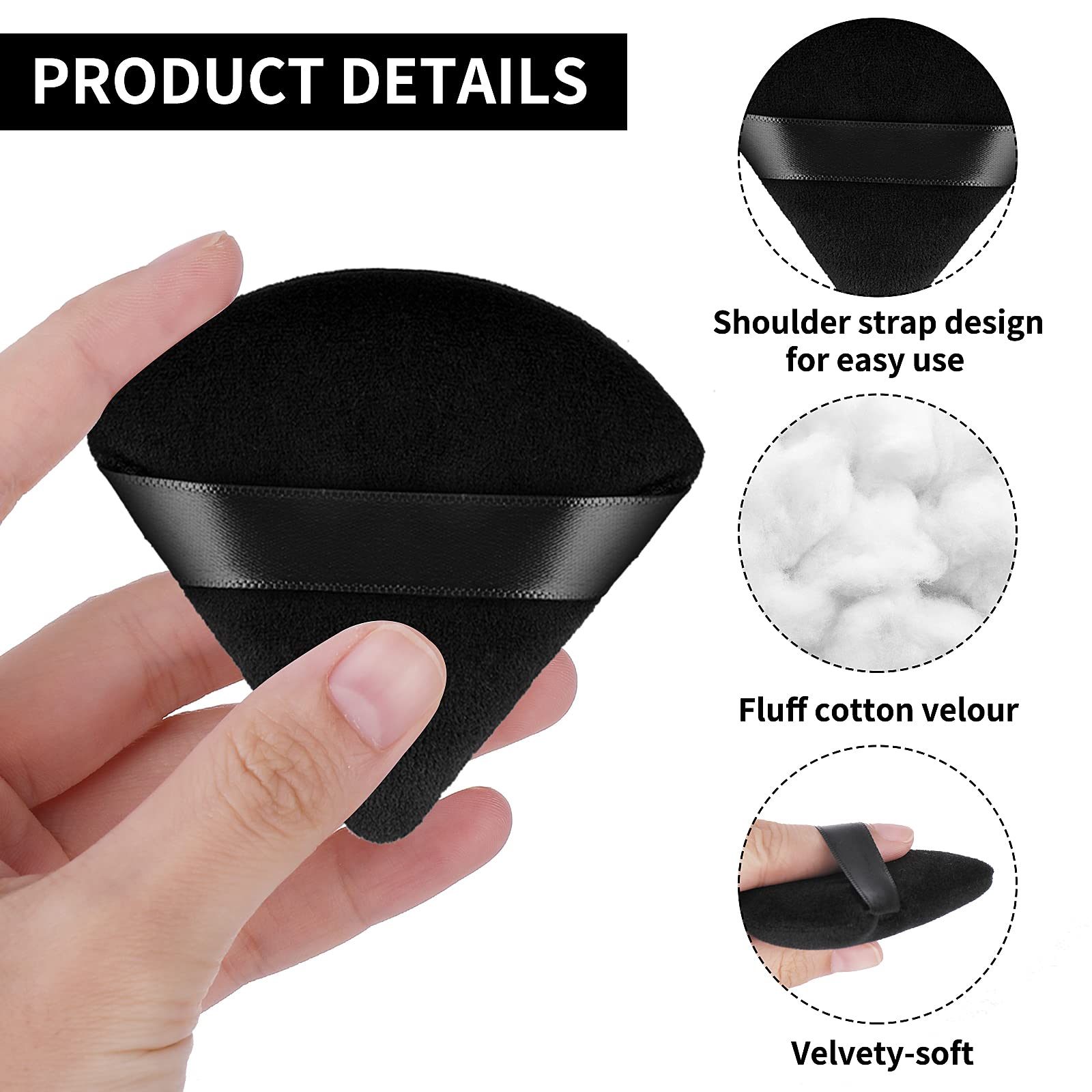 Molain Kahki 2Pcs Powder Puff Triangle Makeup Puff Soft Cosmetic Sponge Reusable Makeup Powder Sponges with Strap for Loose Powder Foundation Eyes Corners Wet Dry Makeup (Black)