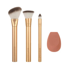 EcoTools Precious Metals Face Blend & Sculpt Set, Makeup Brush Set For Foundation, Concealer, & Powder, Makeup Sponge, Eco-Friendly, Recycled Aluminum, Chrome, Cruelty-Free, 4 Piece Set