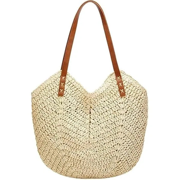 LAXDAMRE Straw Beach Bag for Women , Large Woven Tote with Zipper, Retro Summer Handbag , Handmade Shoulder Bag (Beige)