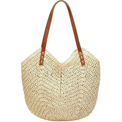 LAXDAMRE Straw Beach Bag for Women , Large Woven Tote with Zipper, Retro Summer Handbag , Handmade Shoulder Bag (Beige)