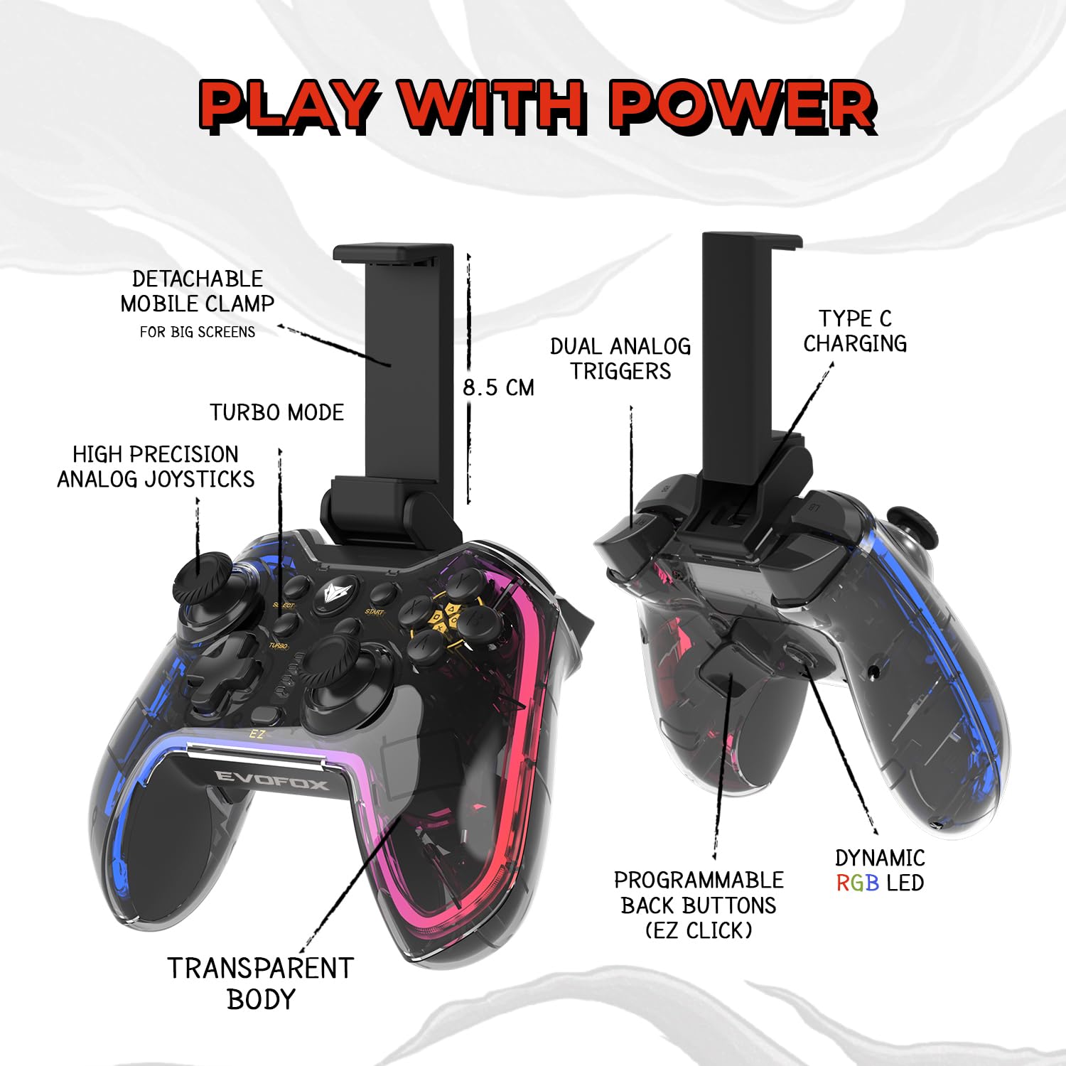 Amkette EvoFox One Universal Bluetooth Gamepad For iOS, iPadOS, Android, PS4 and PC (X-Input) with The Dojo App, Detachable Mobile Clamp, Low Latency Bluetooth 5.1 and More (Transparent)