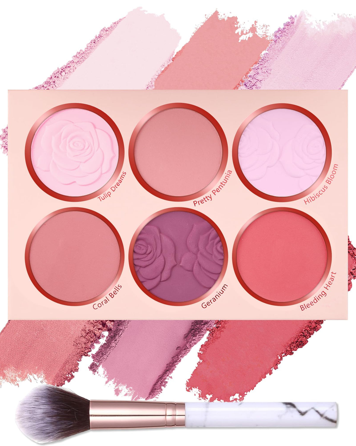 KASTWAVE Floral Flush 6-Color Blush Palette Long Lasting High Pigment Matte Pressed Powder Blush for Cheeks, Pink Purple Silky Mineral Blendable Blusher Contour Powder with Blush Brush