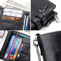 SLGOL Mens Chain Wallets with Anti-Theft Chain, Genuine Leather Purse RFID Blocking Bifold Wallet with Coin Pocket Purse (Black)