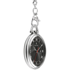 Bulova Classic Pocket Watch 3-Hand Date Quartz Stainless Steel, Black Dial with Detachable Chain Style: 96B308, Silver Tone, Classic Pocket Watch