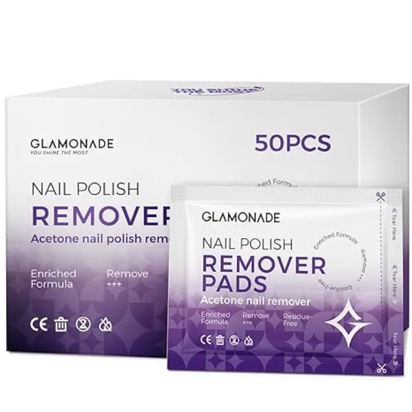 Glamonade Nail Polish Remover Pads 50 Pack Bulk Set Acetone Nail Polish Remover Wipes Individually Wrapped Rapidly Remove Gel Polish & Fingernail Polish Travel Kit for Home & Salon