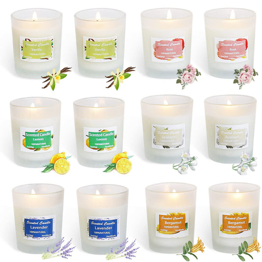 Toworld Scented Candles Gift Set, 12 PCS White Glass Candles, Natural Soy Wax 2.5 Oz Portable Aromatherapy Candles Women Gift with Stress Relief and Aromatherapy for Holiday, Bathing, Home Decoration