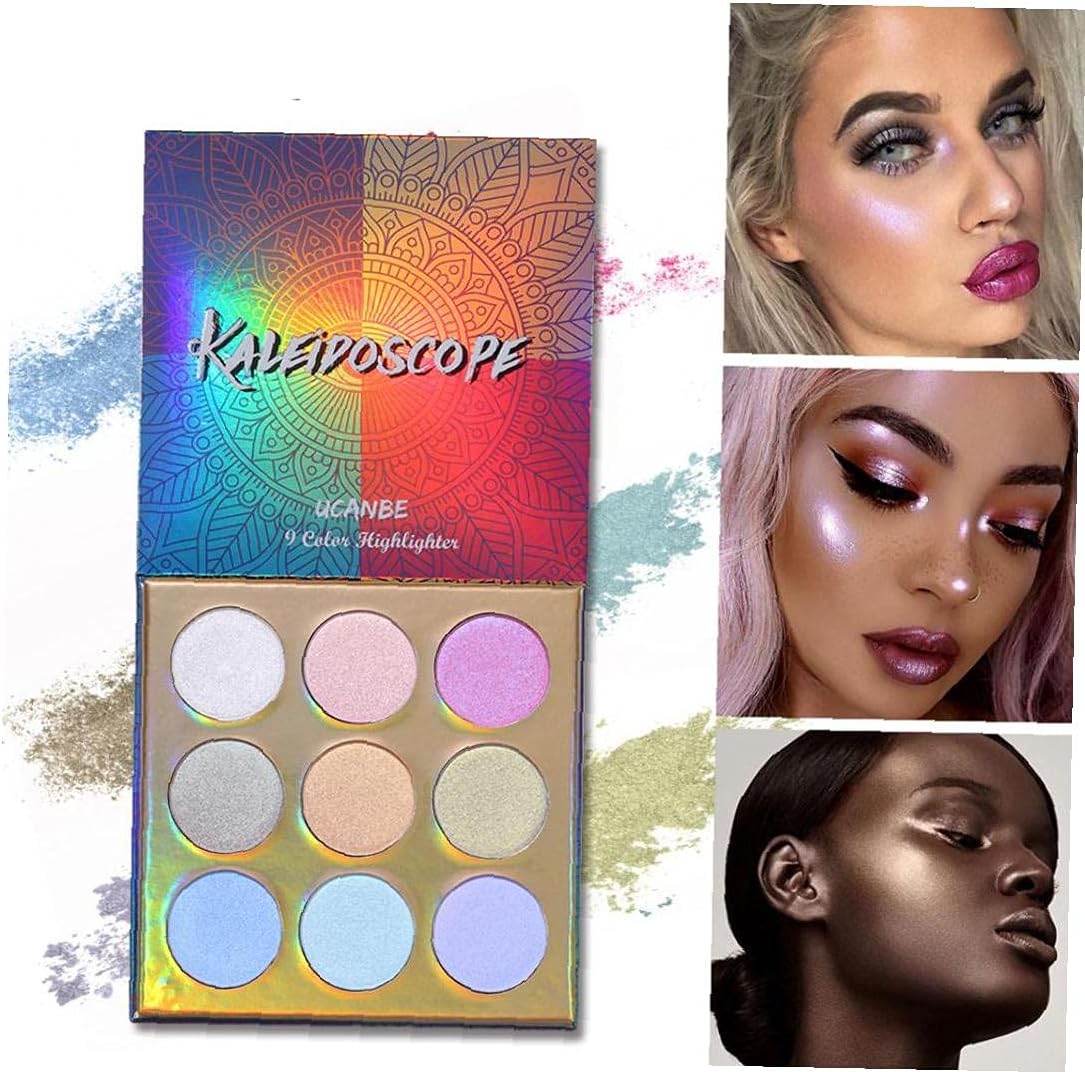 Holographic Highlighter Makeup Palette 9 Color Shimmer Eyeshadow Illuminating Glow Highlighting Metallic Bronzer Contour Cosmetics with Mirror Suitable for Women