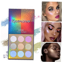 Holographic Highlighter Makeup Palette 9 Color Shimmer Eyeshadow Illuminating Glow Highlighting Metallic Bronzer Contour Cosmetics with Mirror Suitable for Women