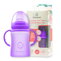 Hamarue 3-in-1 Glass Sippy Cups for Toddlers | Silicone Coated Glass Baby Bottles | Non-Toxic Transition Cup for Baby with Removeable Handles | Baby Straw Cup NB+, 3M, 6M, 12M